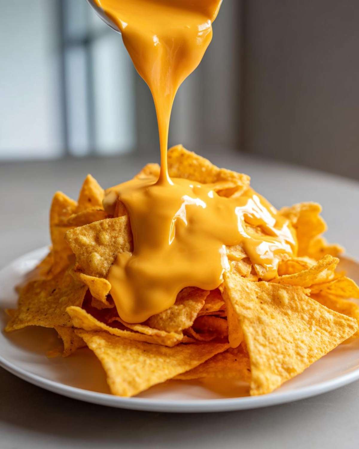 A close-up shot of thick, bright orange nacho cheese sauce being poured from a spoon onto a large pile of tortilla chips.