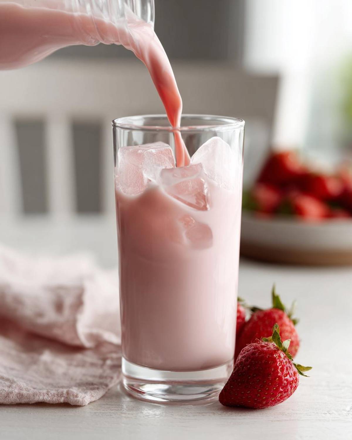 A stream of pink strawberry milk is being poured from a pitcher into a tall glass filled with ice cubes.