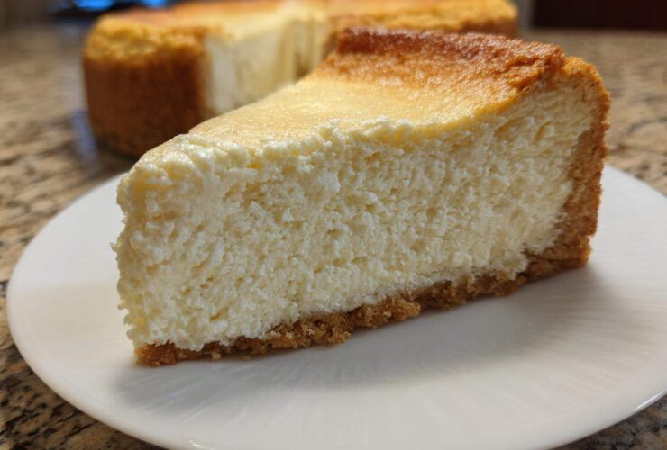 A thick, creamy slice of baked Protein Cheesecake with a golden top and graham cracker crust, served on a white plate.