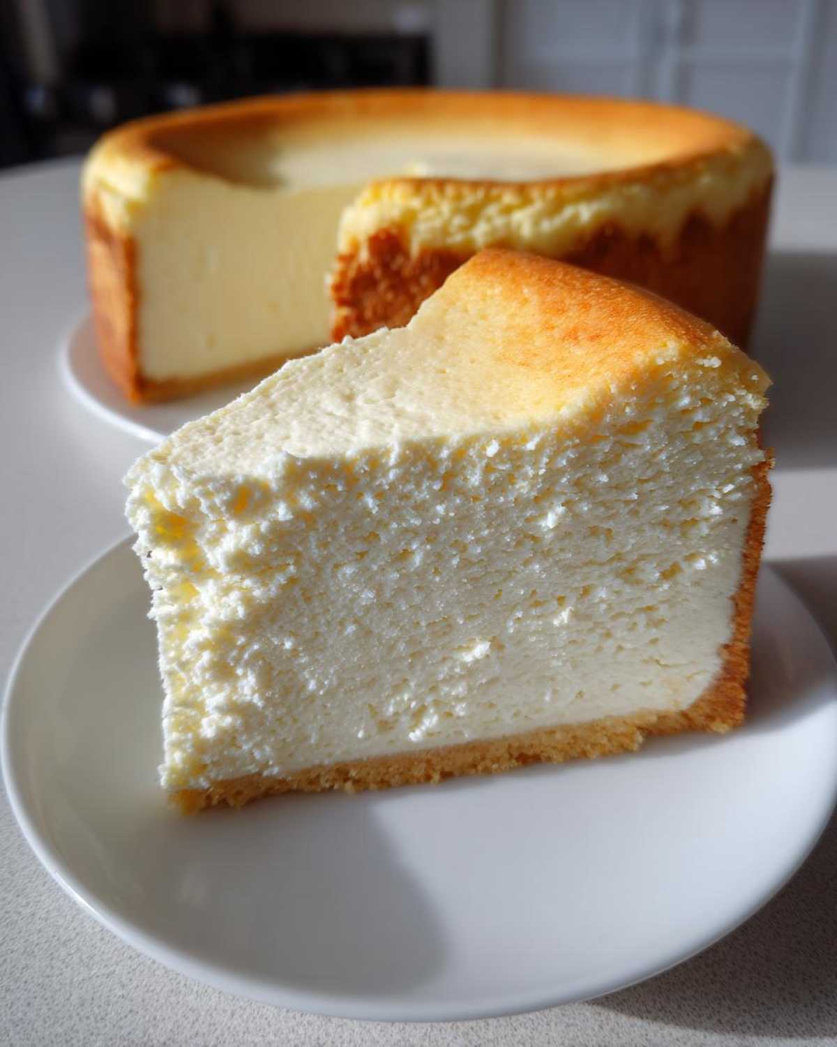 A close-up of a thick slice of baked Protein Cheesecake with a golden top, sitting on a white plate.