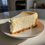 A thick, creamy slice of Protein Cheesecake with a graham cracker crust sitting on a white plate.