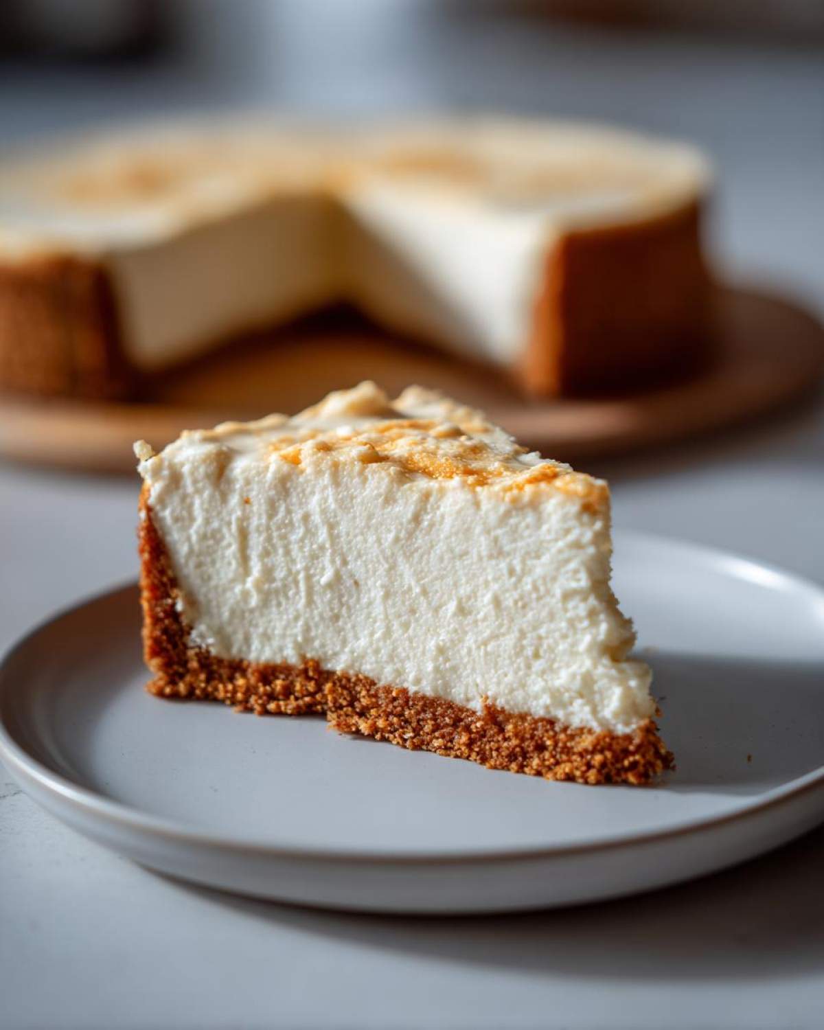 A thick slice of creamy Protein Cheesecake with a visible graham cracker crust served on a light gray plate.