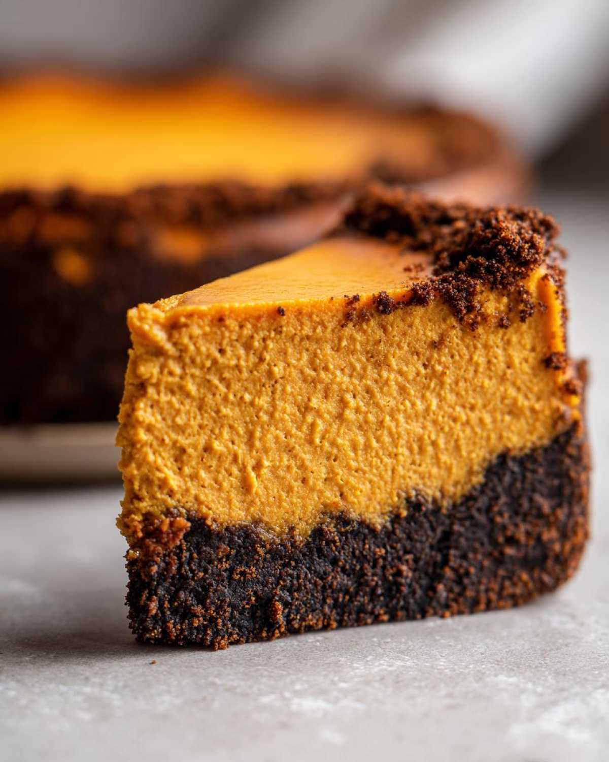 A close-up slice of creamy pumpkin cheesecake featuring a thick, dark chocolate crust.