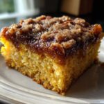 Close-up of a moist slice of pumpkin pecan cobbler showing the bright orange cake base and sticky, crunchy pecan topping.