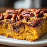 A close-up, mouth-watering shot of a square slice of pumpkin pecan cobbler with a gooey topping.
