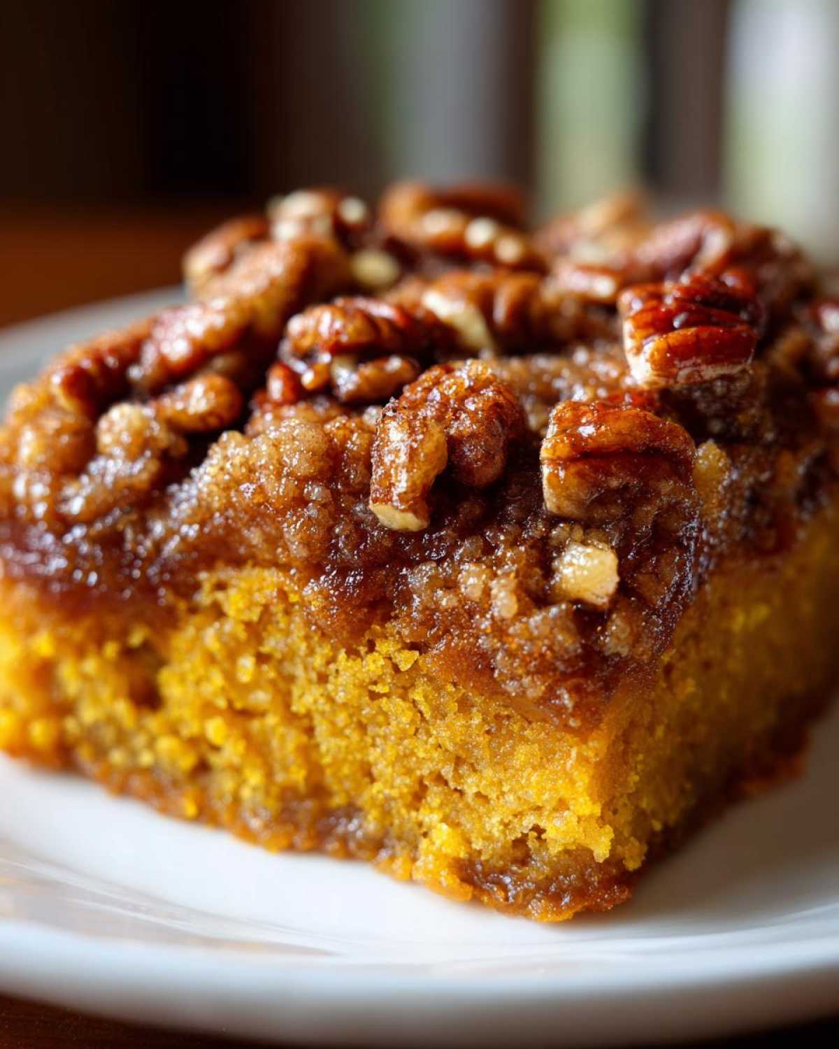 A close-up of a moist slice of pumpkin pecan cobbler with a gooey, caramelized pecan topping.