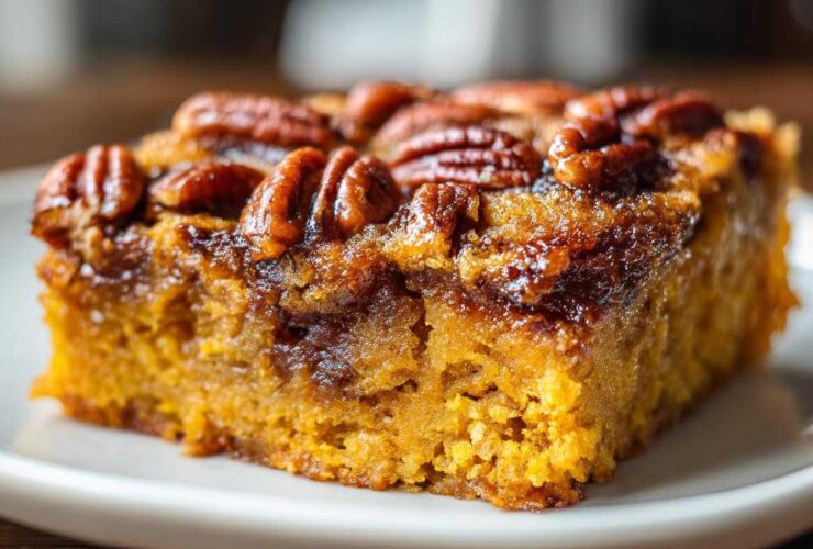 A close-up, mouth-watering shot of a square slice of pumpkin pecan cobbler with a gooey topping.