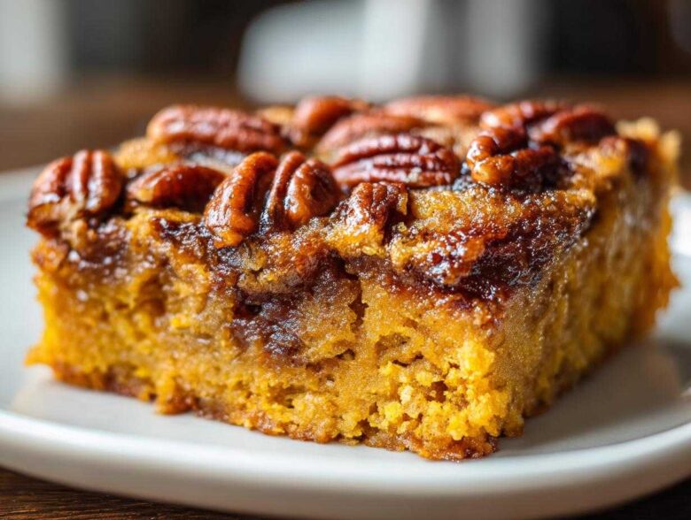 A close-up, mouth-watering shot of a square slice of pumpkin pecan cobbler with a gooey topping.