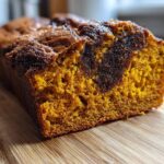 A close-up view of a freshly baked pumpkin sourdough loaf showing its moist, orange crumb and a dark cinnamon swirl.