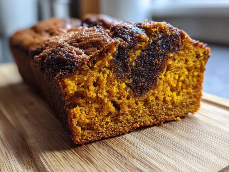 A close-up view of a freshly baked pumpkin sourdough loaf showing its moist, orange crumb and a dark cinnamon swirl.