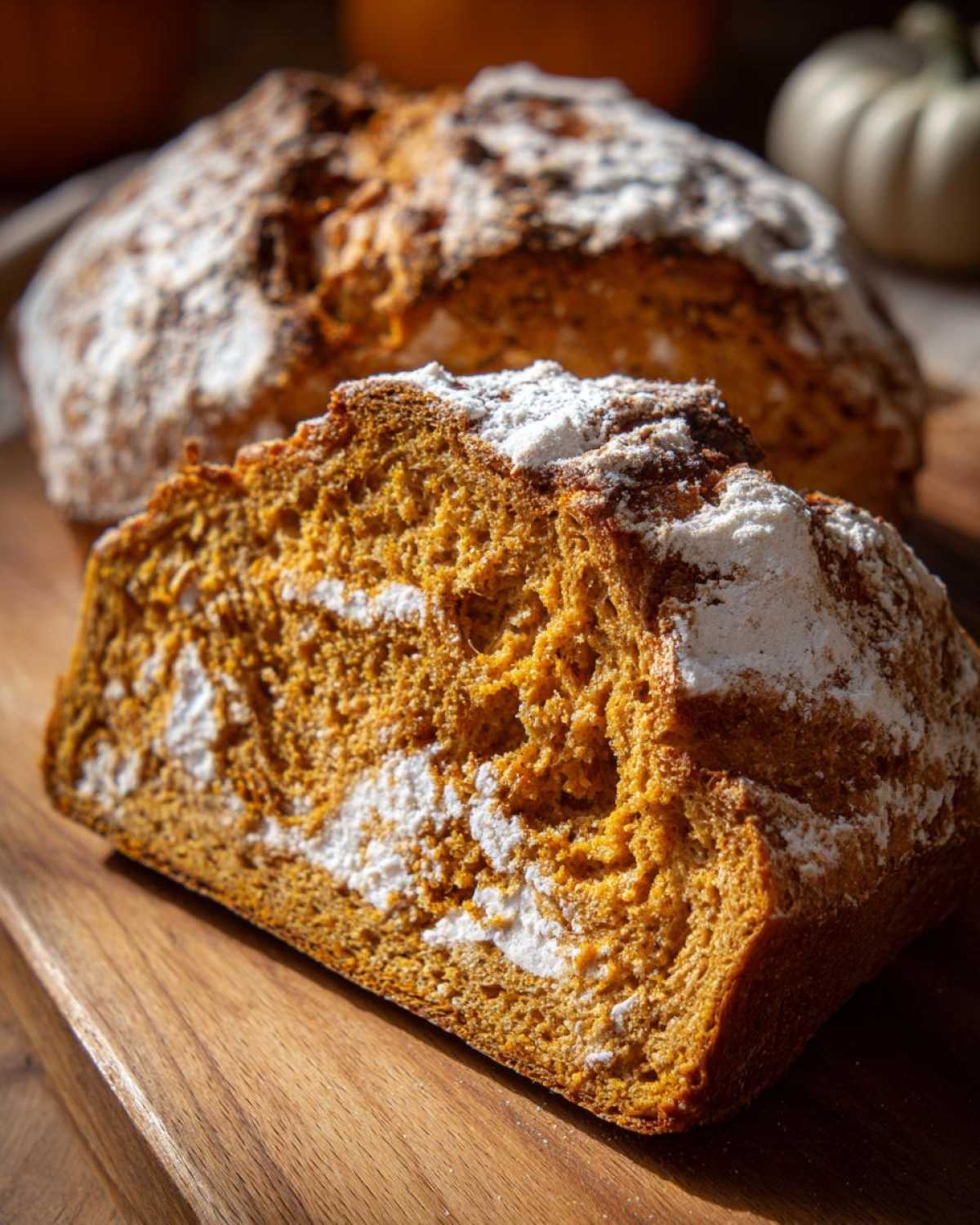 Close-up of a slice showing the moist, orange crumb of pumpkin sourdough bread dusted with flour.