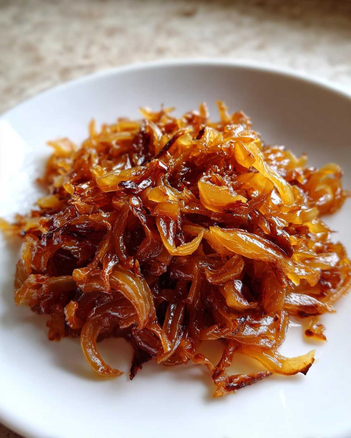 Close-up of a mound of deeply browned and glossy caramelized onions served on a white dish.