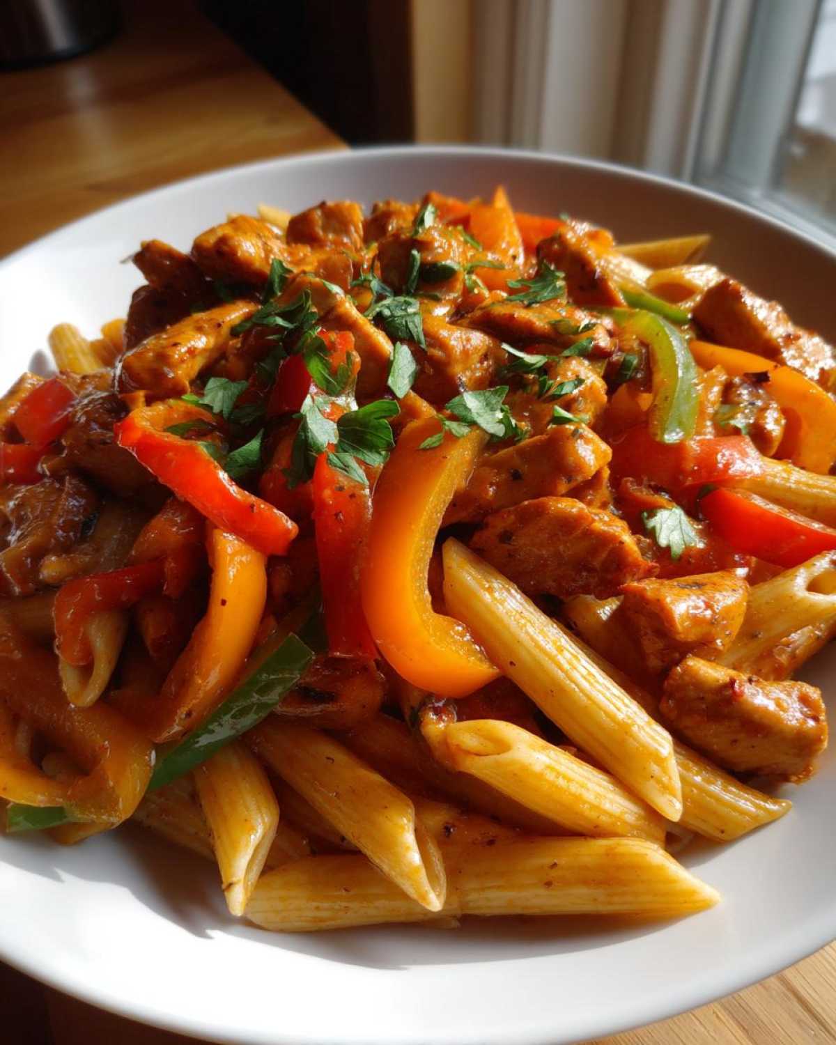 A close-up view of a bowl of vibrant Rasta Pasta featuring penne, seasoned chicken chunks, and colorful bell peppers, garnished with parsley.