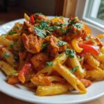 A close-up of a serving of creamy, orange-hued Rasta Pasta mixed with chunks of seasoned chicken and colorful bell peppers.