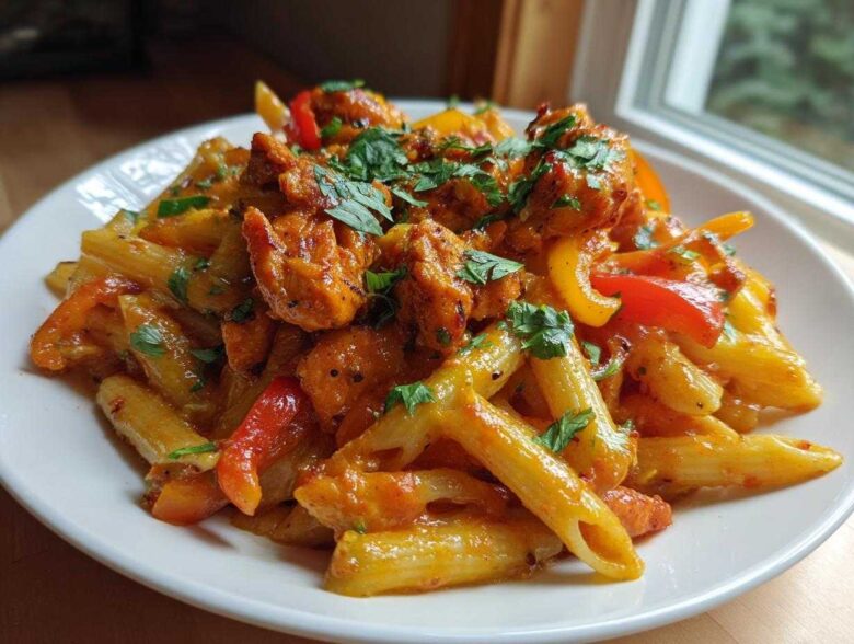 A close-up of a serving of creamy, orange-hued Rasta Pasta mixed with chunks of seasoned chicken and colorful bell peppers.