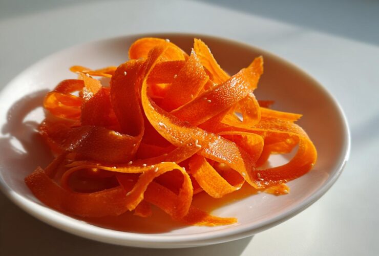 Close-up of vibrant orange ribbons in a raw carrot salad, sprinkled with white sesame seeds.