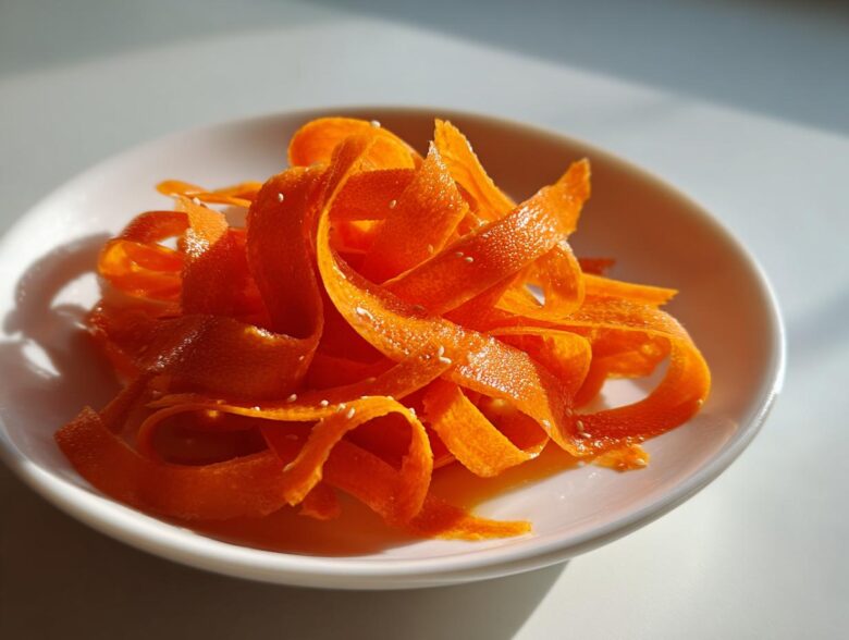 Close-up of vibrant orange ribbons in a raw carrot salad, sprinkled with white sesame seeds.