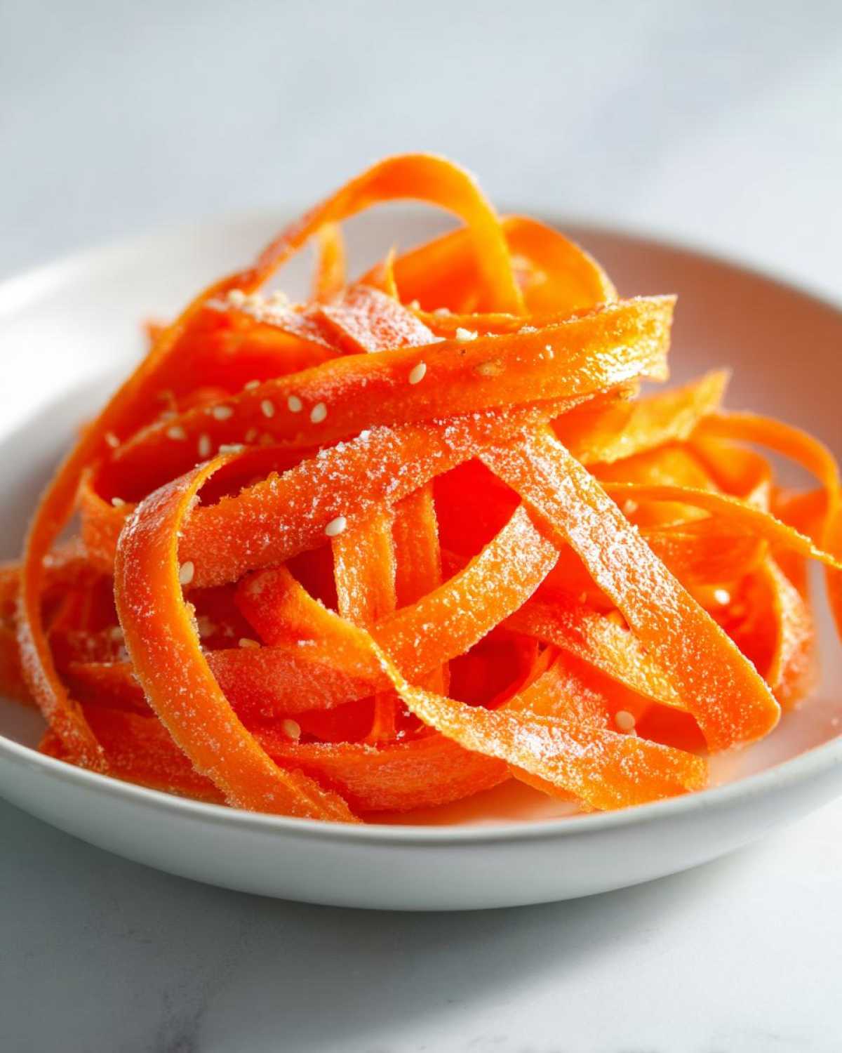 Close-up of bright orange, shaved ribbons for a raw carrot salad, sprinkled with white sesame seeds.