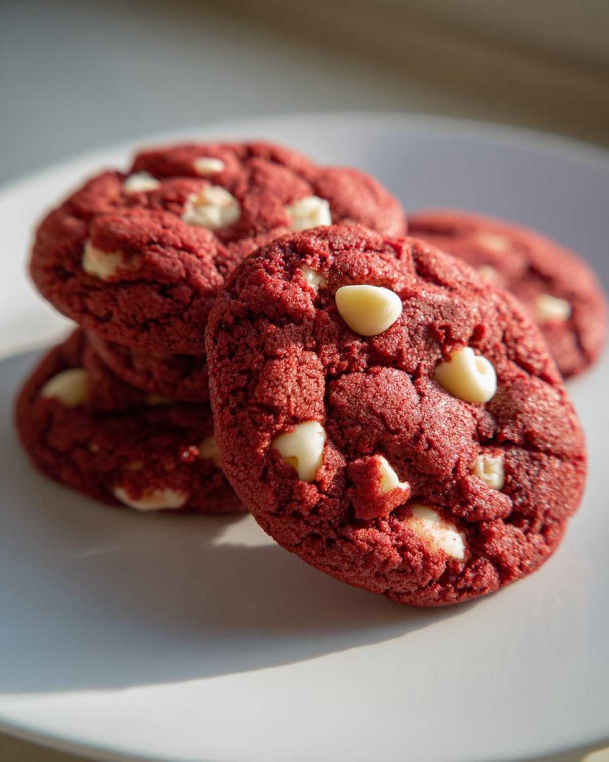 Close-up of several vibrant red velvet cake mix cookies studded with white chocolate chips on a white plate.