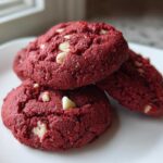 A stack of three vibrant red velvet cake mix cookies studded with white chocolate chips on a white plate.
