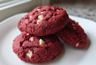 A stack of three vibrant red velvet cake mix cookies studded with white chocolate chips on a white plate.