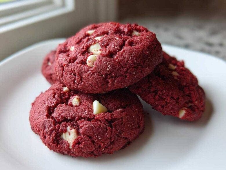 A stack of three vibrant red velvet cake mix cookies studded with white chocolate chips on a white plate.