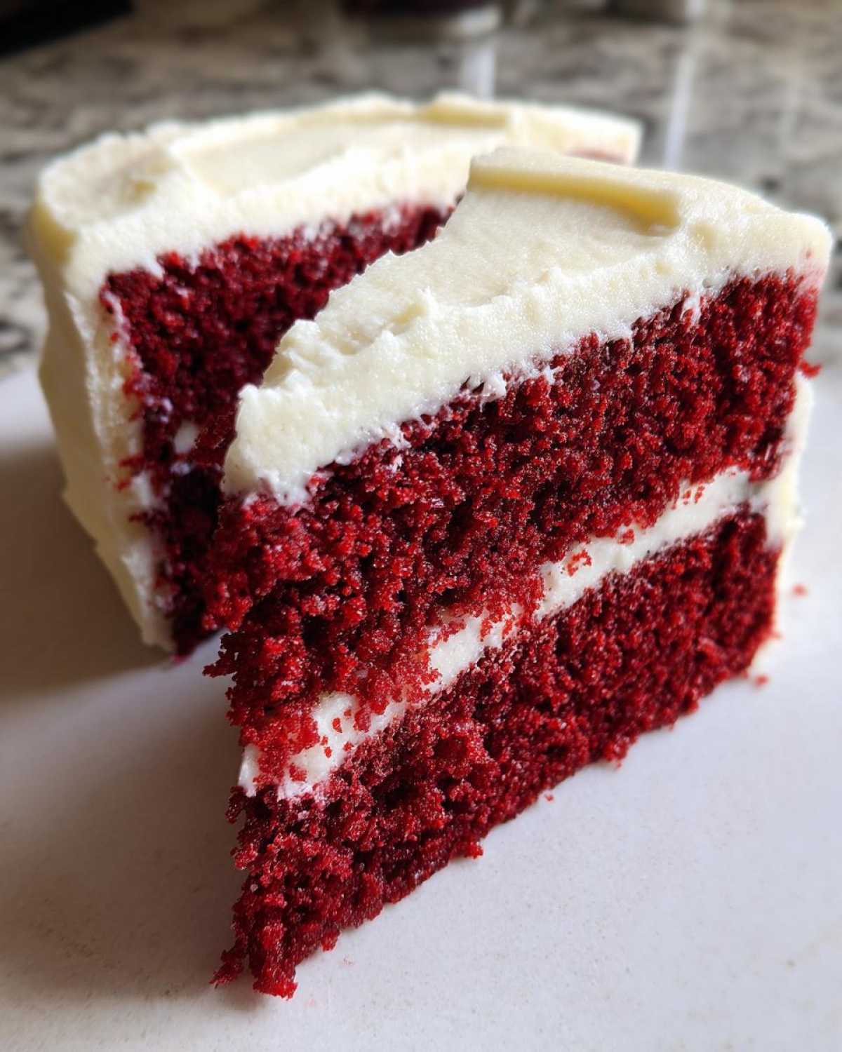 Close-up of two slices of moist red velvet cake layered with thick white cream cheese frosting.
