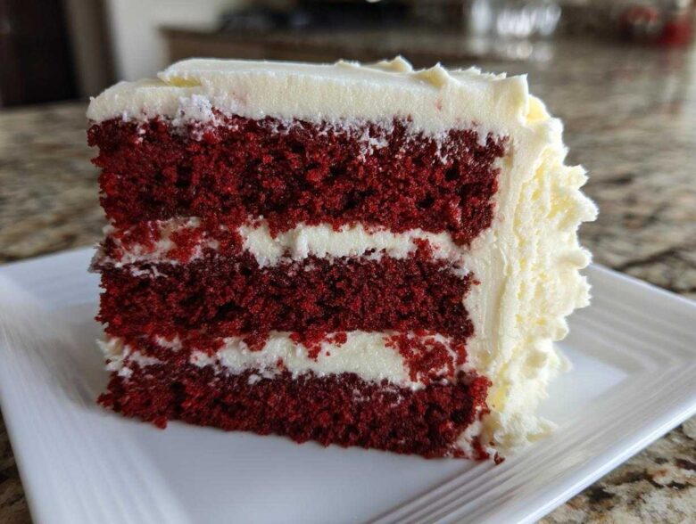 A close-up of a thick slice of red velvet cake with three layers and cream cheese frosting.