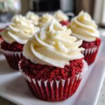 Close-up of a vibrant red velvet cupcake topped with a swirl of thick cream cheese frosting.