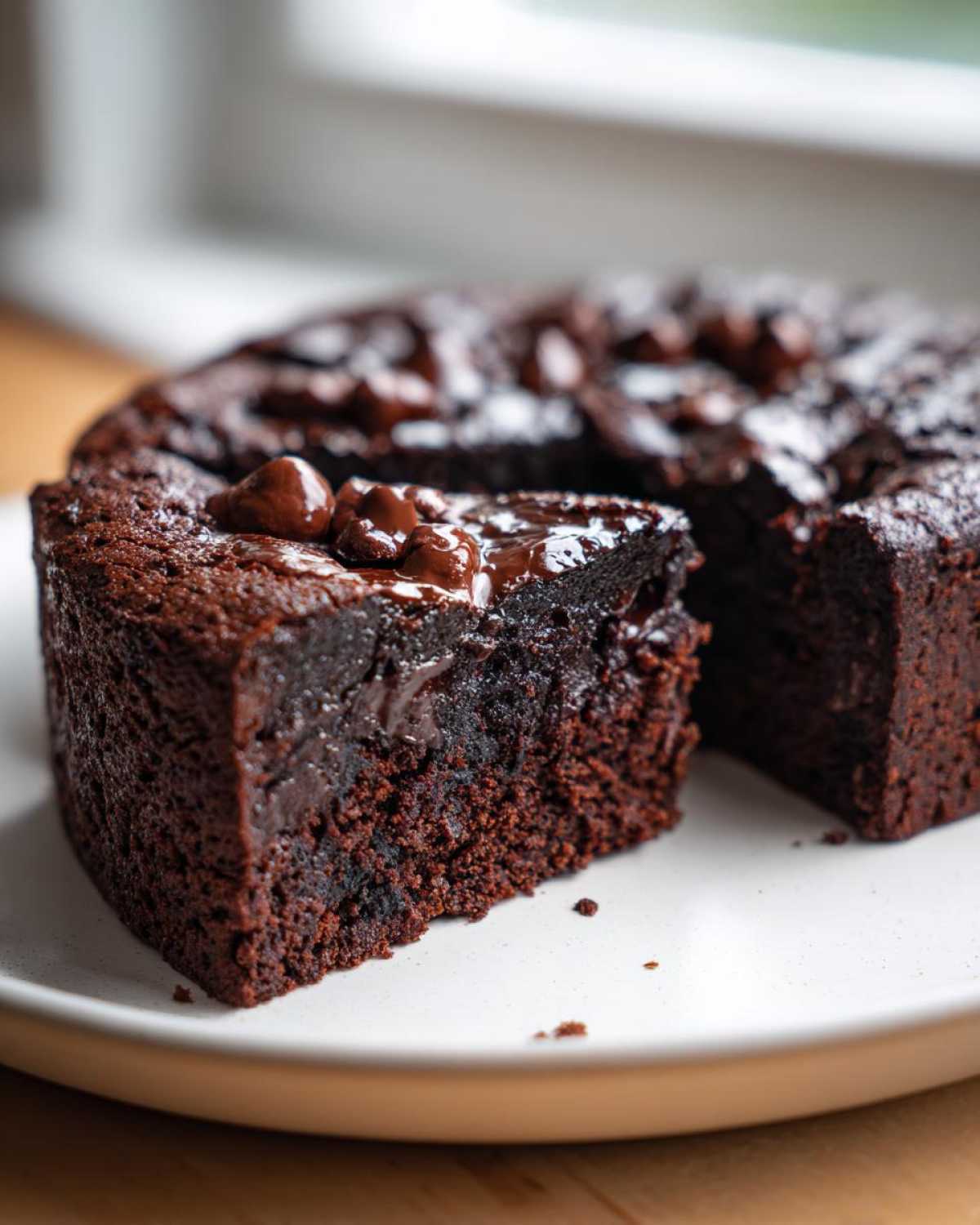 Close-up of a rich, dark slice of black bean brownies topped with melted chocolate chips.