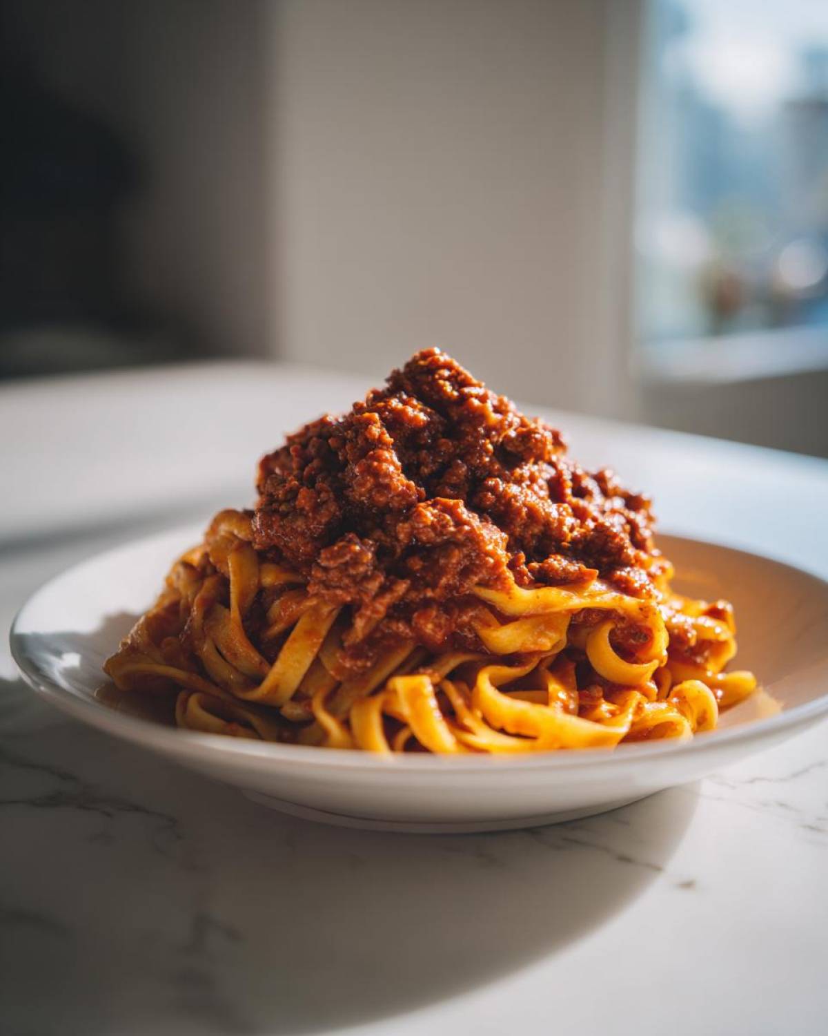 A close-up of fettuccine pasta topped generously with rich, homemade bolognese sauce, served on a white plate.