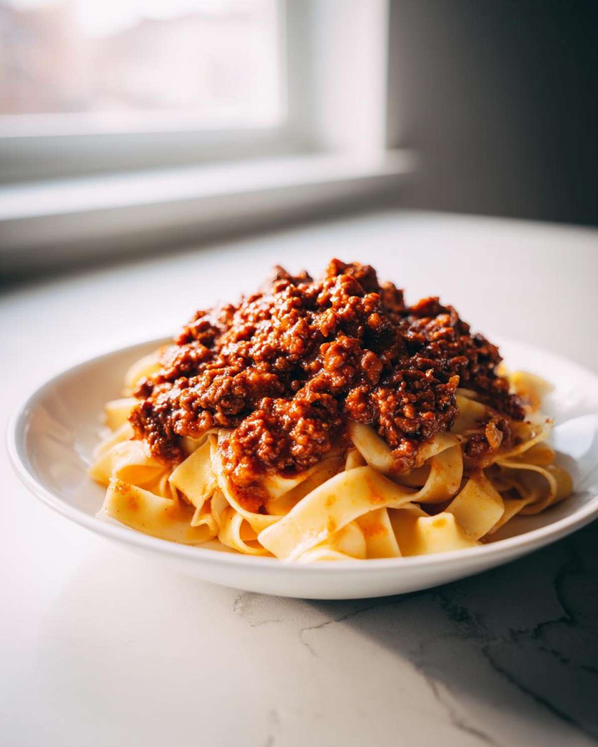 A close-up of thick, rich bolognese sauce generously served over wide egg noodles in a white bowl.