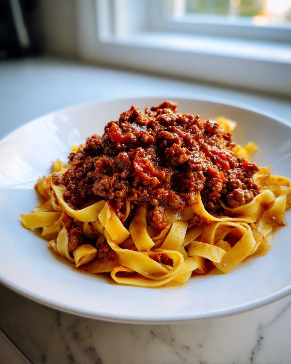 A close-up of rich, meaty bolognese sauce generously spooned over a bed of fresh tagliatelle pasta on a white plate.