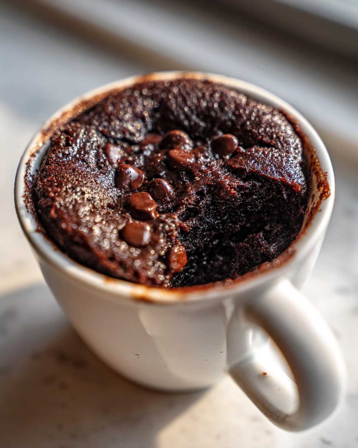 Close-up of a rich, dark chocolate mug cake topped with melted chocolate chips, ready to eat.