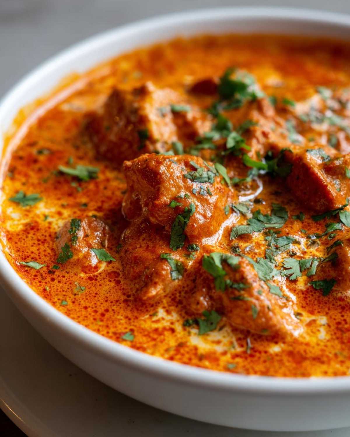 Close-up of tender chicken pieces swimming in a rich, vibrant orange sauce, garnished with fresh cilantro, showcasing delicious butter chicken.