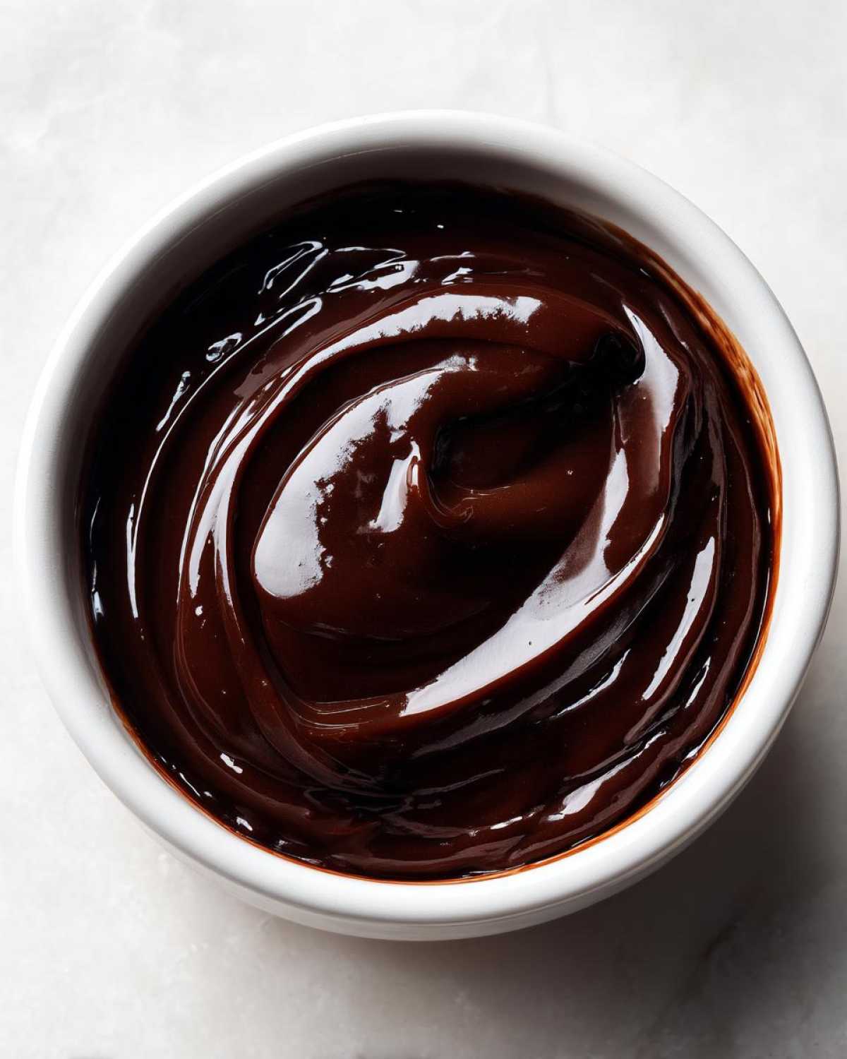 Overhead shot of rich, glossy homemade chocolate pudding swirled in a small white bowl.