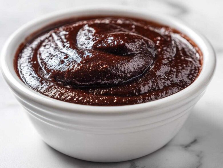 Close-up of rich, dark homemade chocolate pudding swirled in a white ceramic ramekin.