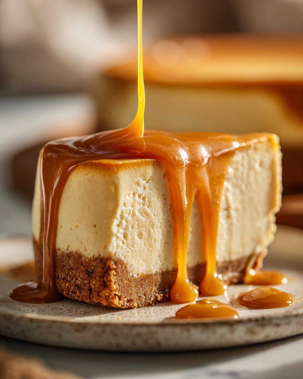 A thick slice of creamy salted caramel cheesecake being generously drizzled with rich, golden caramel sauce.