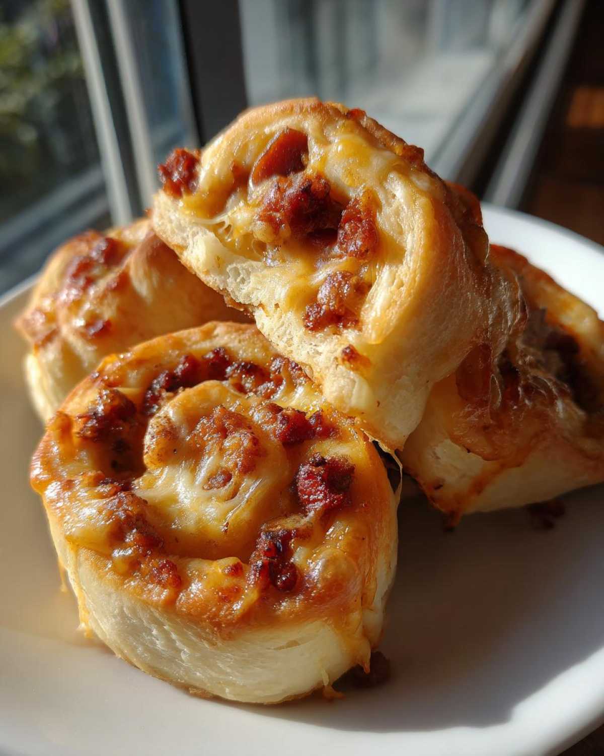 A stack of three golden brown sausage pinwheels filled with savory sausage and melted cheese, sitting on a white plate.
