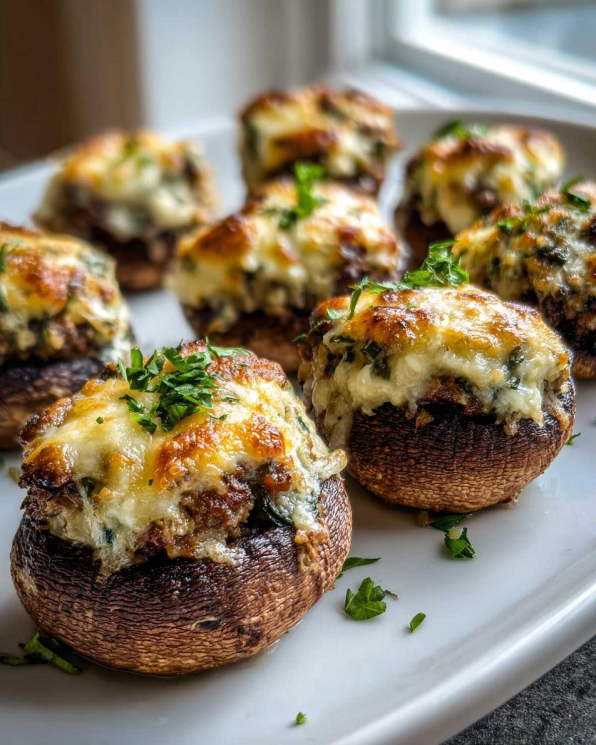 Close-up of baked Sausage stuffed mushrooms topped with golden, melted cheese and fresh parsley.
