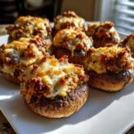 A plate of freshly baked sausage stuffed mushrooms topped with bubbling, melted cheese.