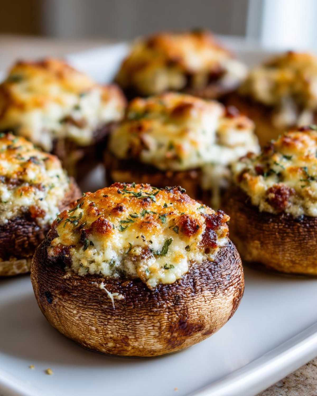 Close-up of a baked sausage stuffed mushrooms appetizer with a golden, cheesy topping and parsley garnish.
