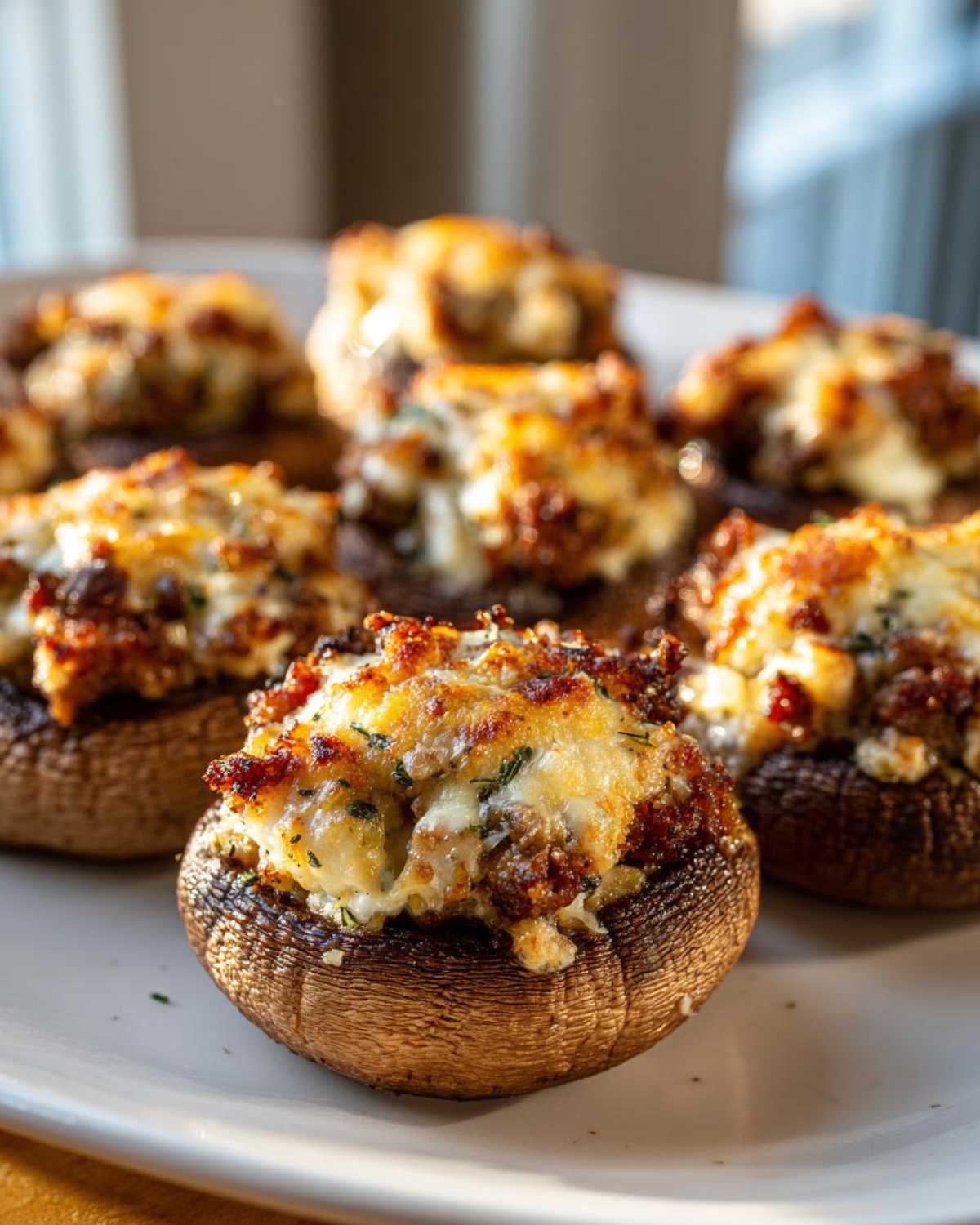 Close-up of baked sausage stuffed mushrooms with melted, browned cheese topping served on a white plate.