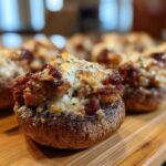 A close-up of one perfectly baked sausage stuffed mushrooms topped with browned sausage filling and melted, bubbly cheese.