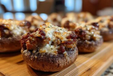 A close-up of one perfectly baked sausage stuffed mushrooms topped with browned sausage filling and melted, bubbly cheese.