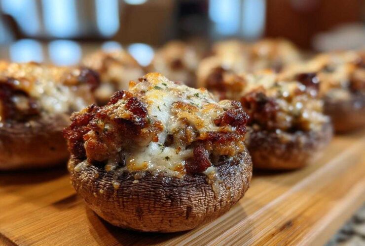 A close-up of one perfectly baked sausage stuffed mushrooms topped with browned sausage filling and melted, bubbly cheese.