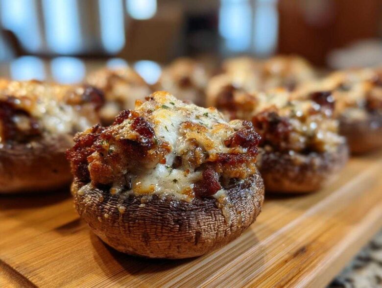 A close-up of one perfectly baked sausage stuffed mushrooms topped with browned sausage filling and melted, bubbly cheese.