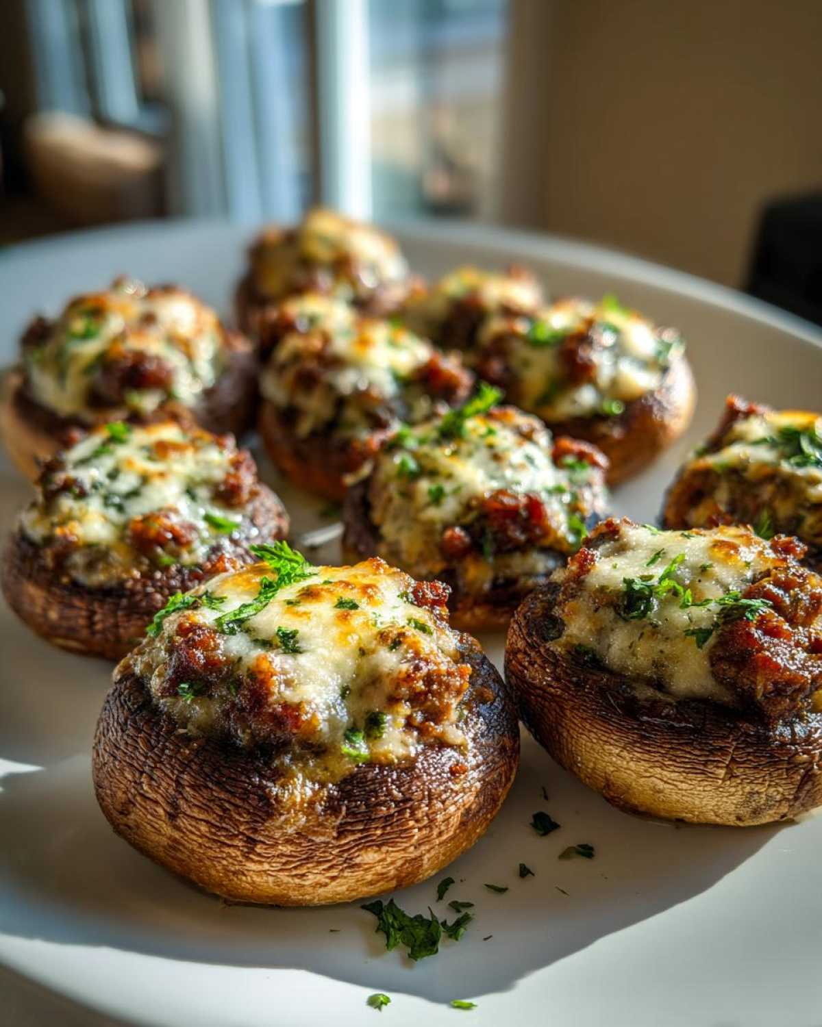 Close-up of baked Sausage stuffed mushrooms topped with melted cheese and fresh parsley on a white plate.