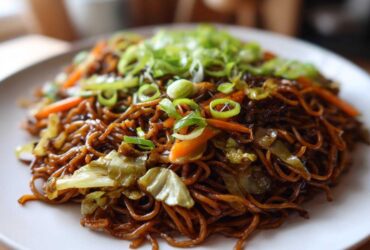 Close-up of a plate piled high with dark, savory fried noodles mixed with cabbage and carrots, topped with fresh green onions.