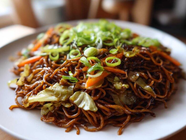 Close-up of a plate piled high with dark, savory fried noodles mixed with cabbage and carrots, topped with fresh green onions.